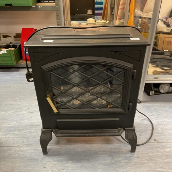 Front view of a vintage Burley electric fireplace.