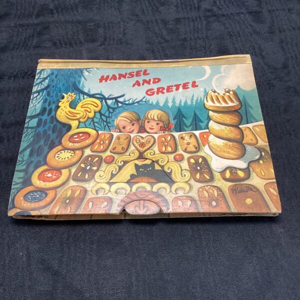 Vintage Hansel and Gretel pop-up book cover illustration.