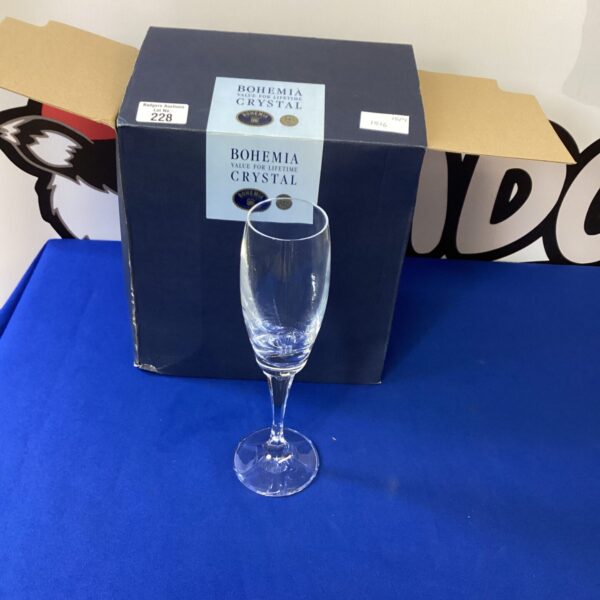 Set of five Bohemia Crystal wine glasses in original box.