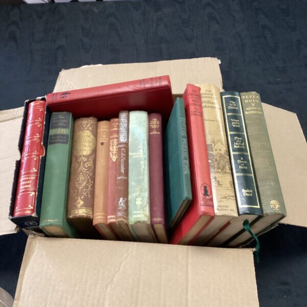 Antique book collection with leather and cloth bindings.
