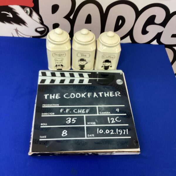 Vintage Homepride kitchen storage jars and chopping board.