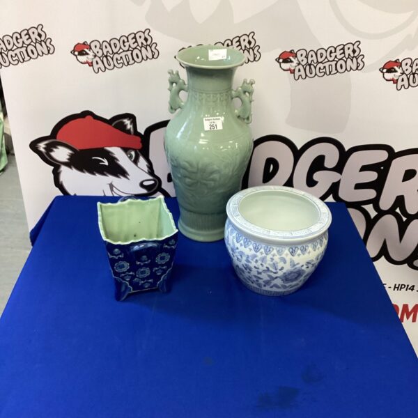 Vintage Oriental planter pots and porcelain vase for Asian decor.