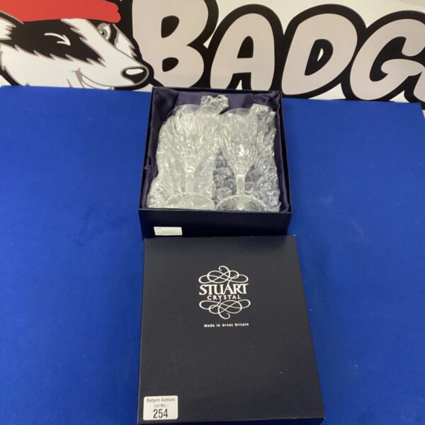 Two Stuart Crystal wine glasses in original presentation box.