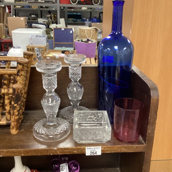 Vintage cut glass glassware lot including candlesticks and dish.