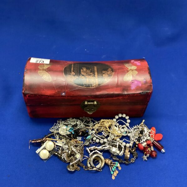 Vintage Japanese jewellery box with a collection of costume jewellery inside.