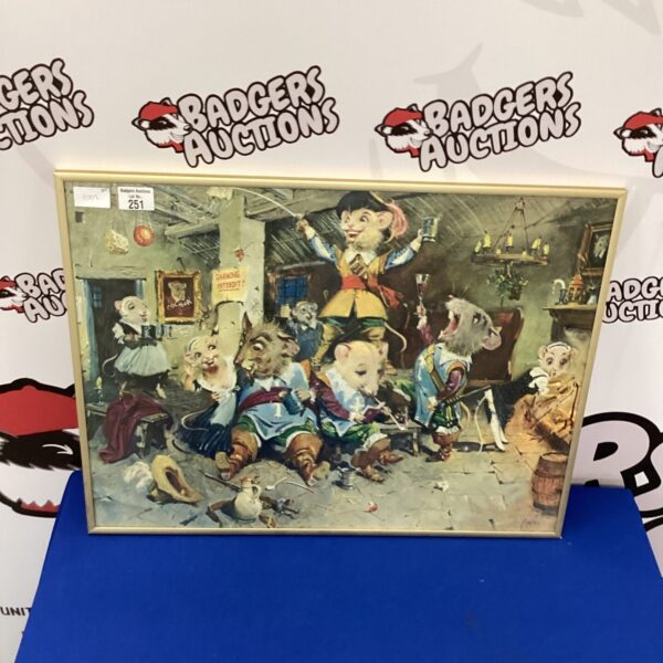 Vintage framed print of animal mouseketeers, charming wall art.