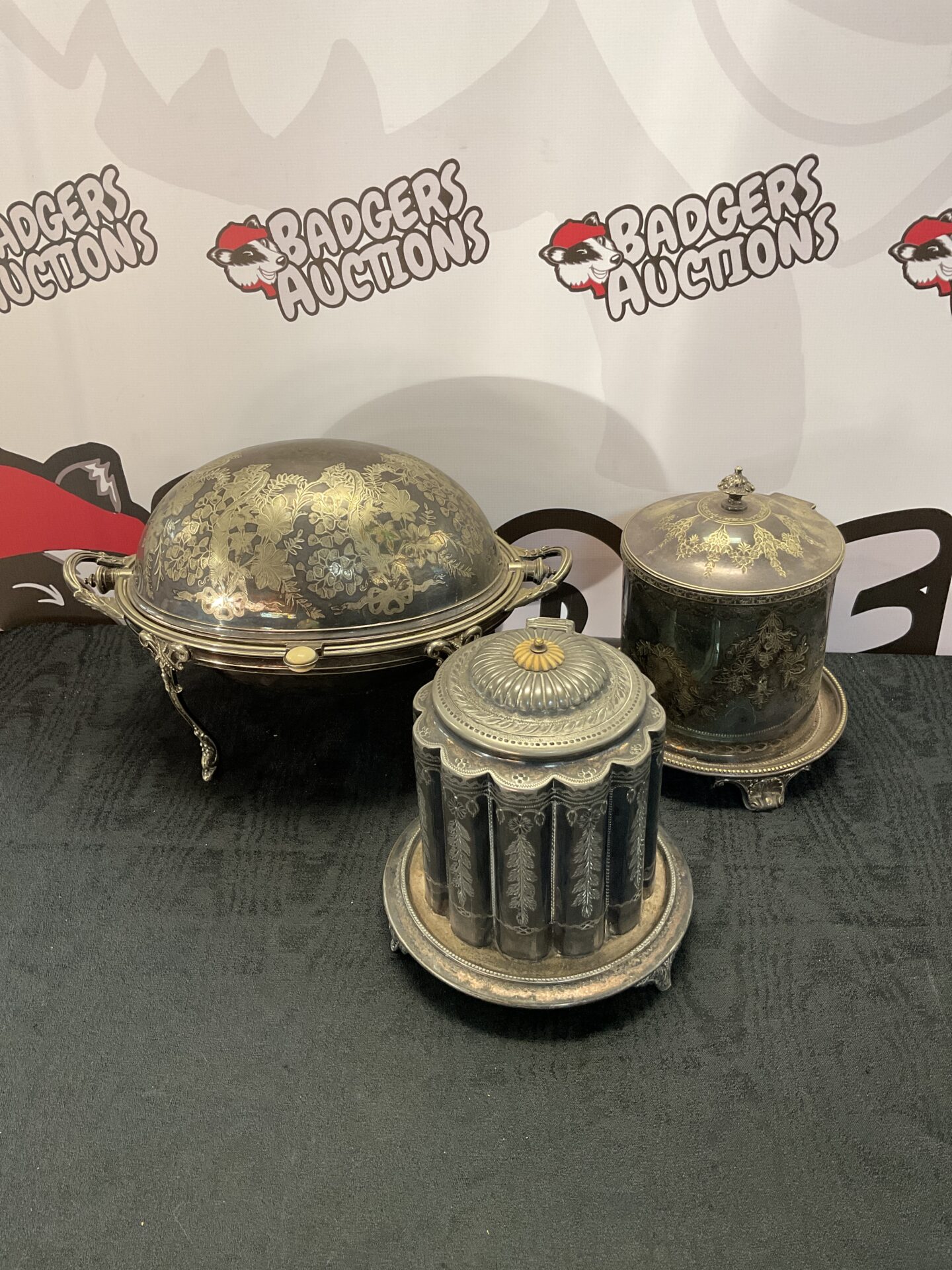 026 Antique silver plate tea caddy, biscuit barrel & turn over dish