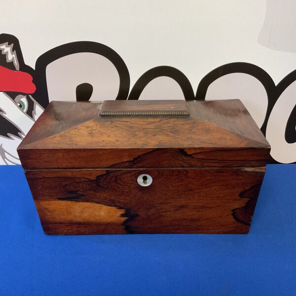 Antique Georgian tea caddy with key lock, front view.