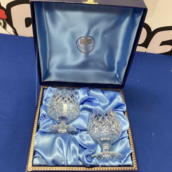 Vintage Thomas Webb crystal brandy glasses with etched design.