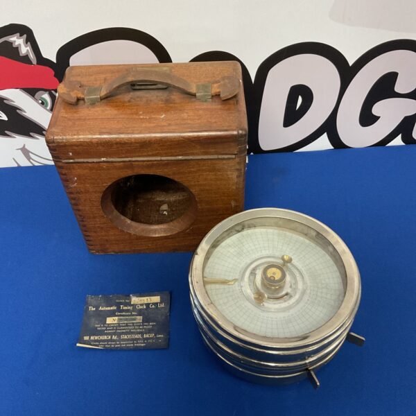 Vintage S & A pigeon racing clock with wooden case.