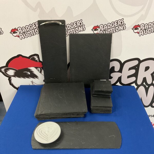 Dark grey slate place mats, coasters, and serving tray set.