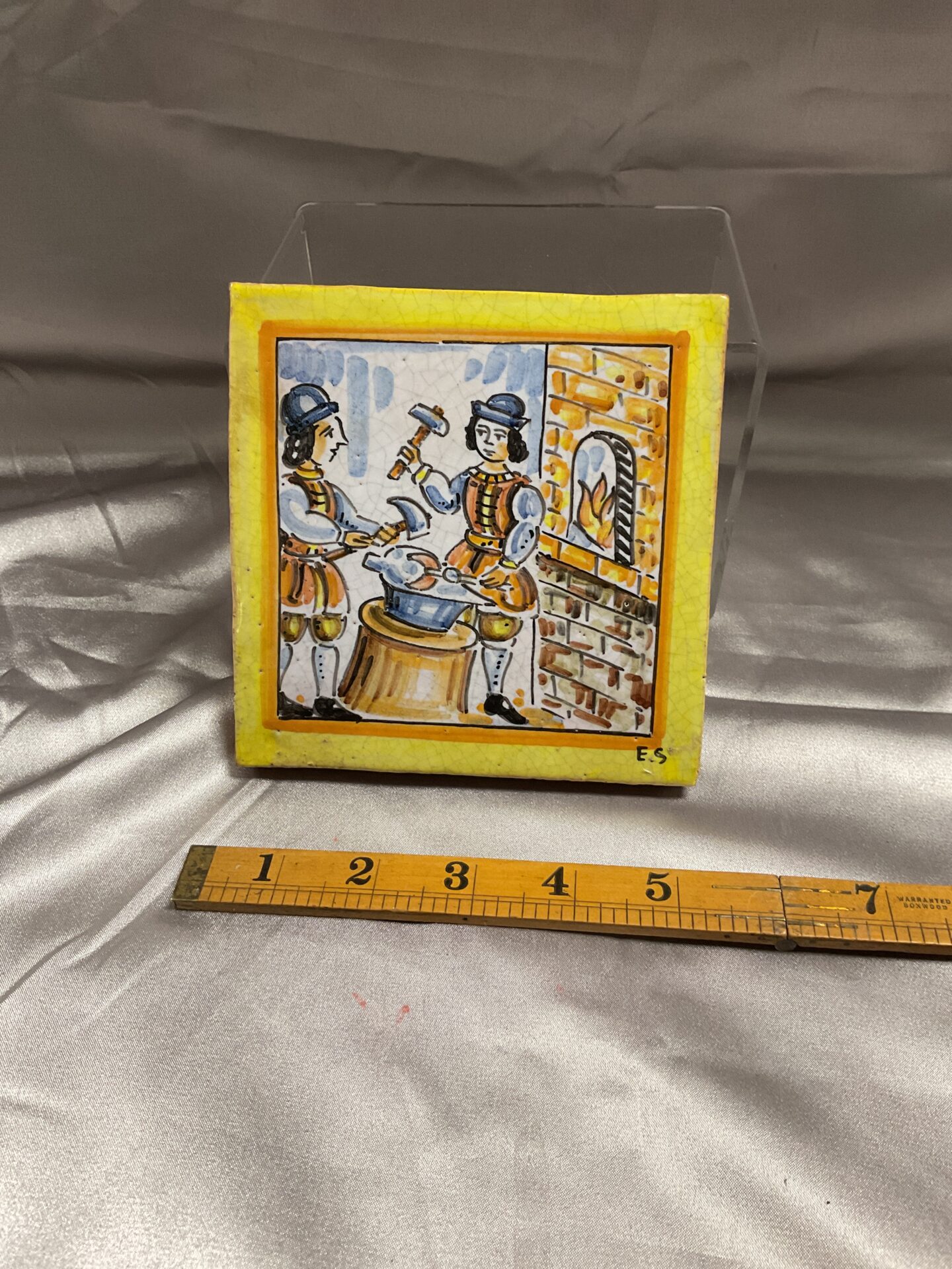 772 Vintage Spanish Pottery Tile Depicting Blacksmiths