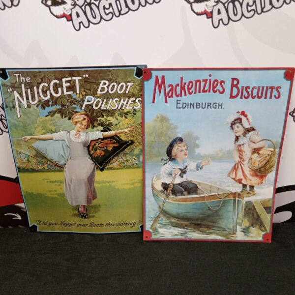 Vintage Mackenzie's biscuit advertising tin sign, colourful and collectible.