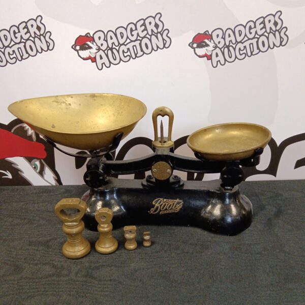 Vintage boot scales with brass pans and weights.