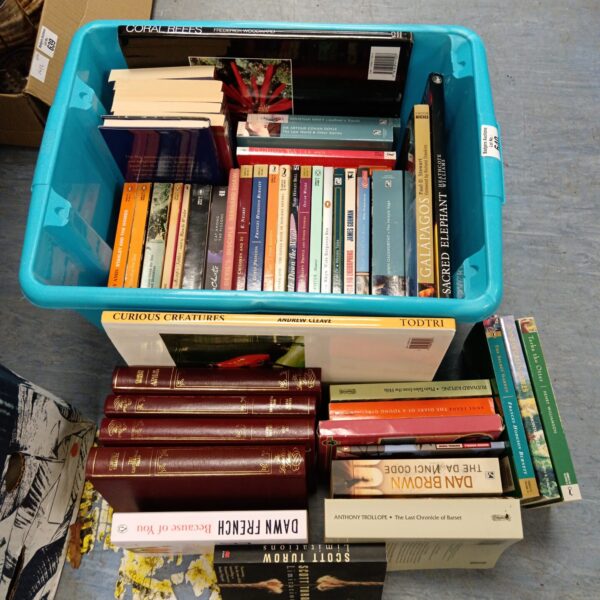 A box of vintage classic books including Penguin editions.