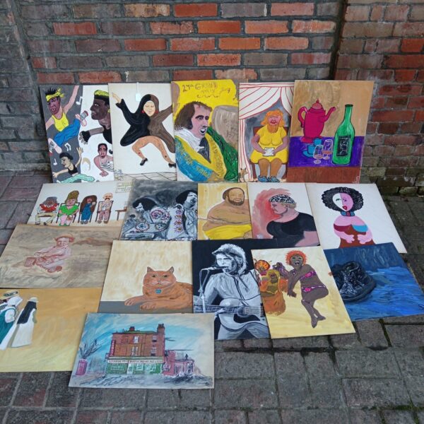 Large collection of colourful folk art watercolour paintings.