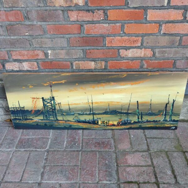 Vintage oil painting of boats in a busy harbour dock.
