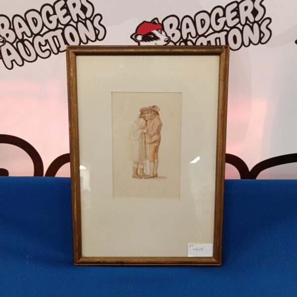 Antique 19th-century watercolour painting titled “The Gossip” depicting two figures.
