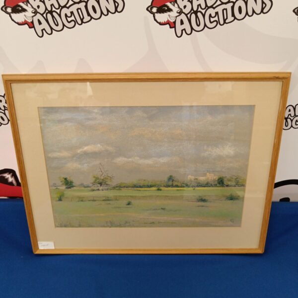 Vintage pastel painting of Windsor Castle from Dorney Common landscape.
