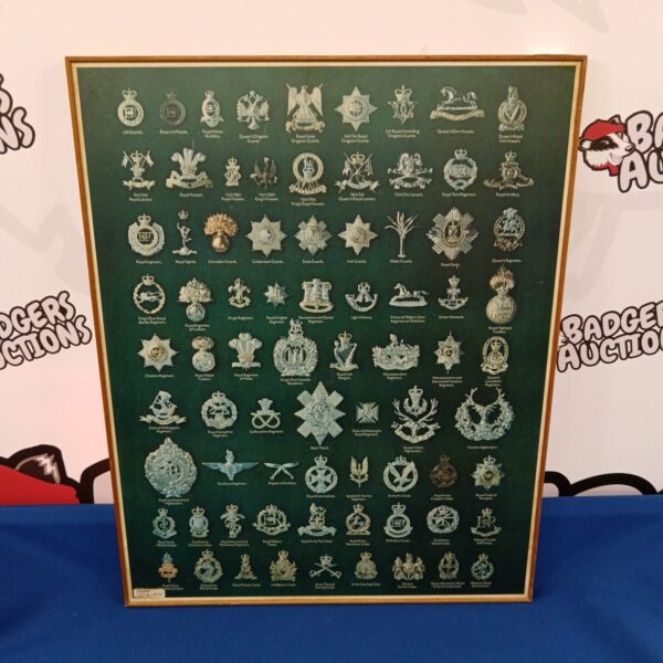 Vintage military cap badge print displaying British Army regimental insignia.