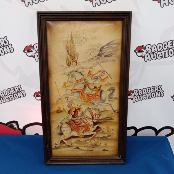 Antique Mughal miniature painting on leather depicting a historical scene.
