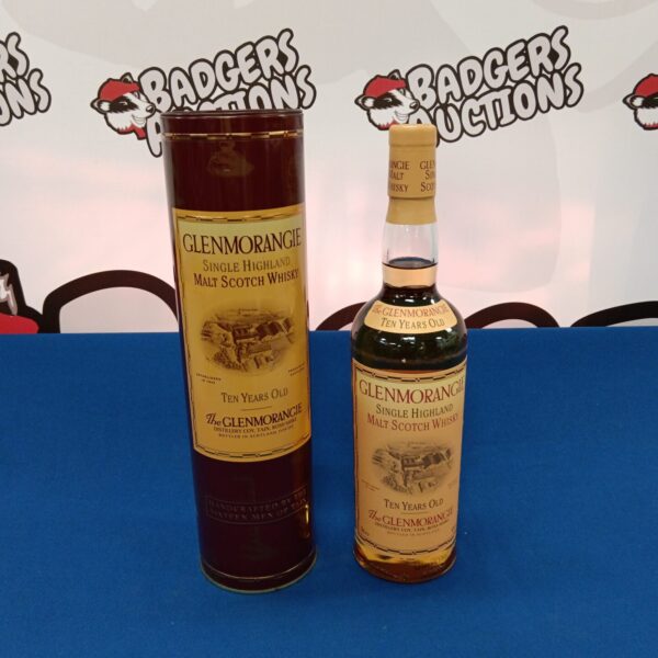 Bottle of Glenmorangie 10 year old single malt Scotch whiskey with packaging.
