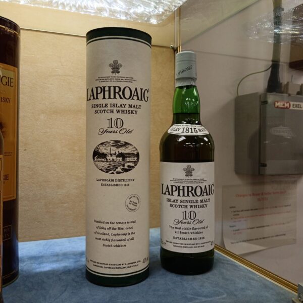 Bottle of Laphroaig 10 year old Islay single malt Scotch whisky.
