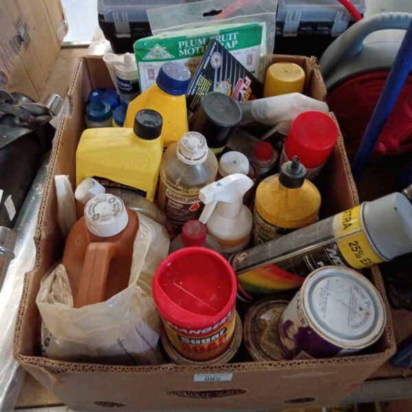 Mixed chemicals and paints lot for DIY projects and workshop use.