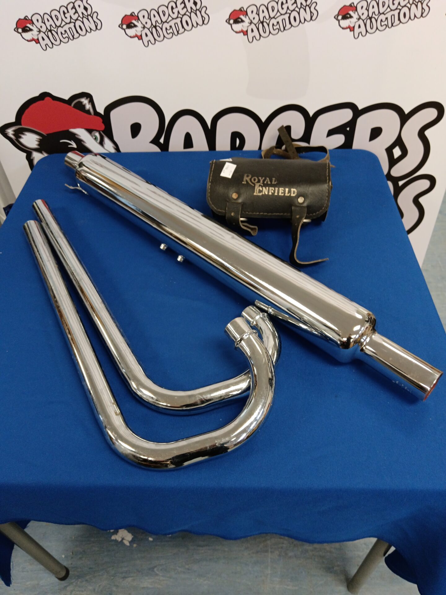 981 Royal Enfield leather bag & chrome exhaust