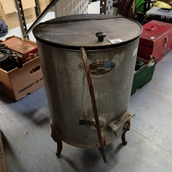 Vintage galvanised Simister electric boiler with three legs.