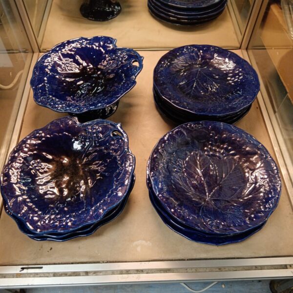 Antique W & J Bailey blue glazed plates and sweet dishes on display.