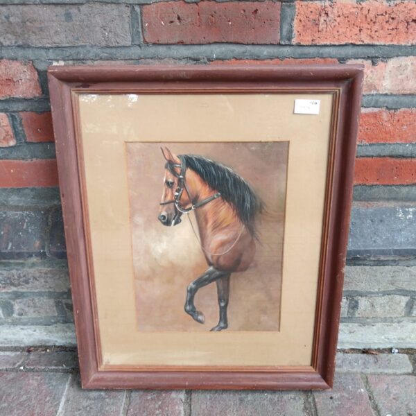 Vintage oil painting of a thoroughbred horse in a frame.
