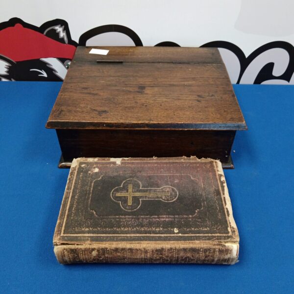 Antique oak bible box with 1877 bible, Victorian religious item.