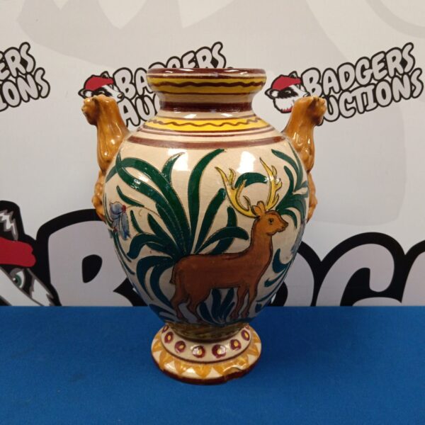 Vintage Italian majolica vase with deer painting.