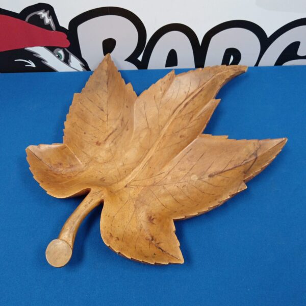 Hand-carved wooden maple leaf bowl by Arpin, rustic folk art decor.
