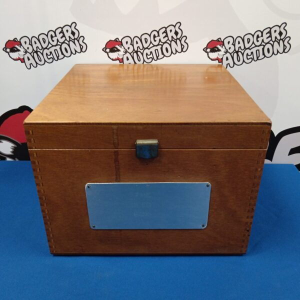 Vintage wooden deeds box for document storage, antique collectible.