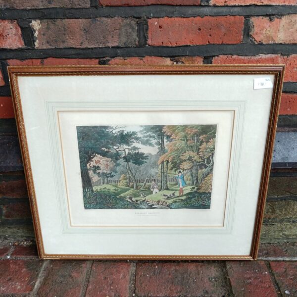 Antique Robert Havell pheasant hunting engraving in a decorative frame.