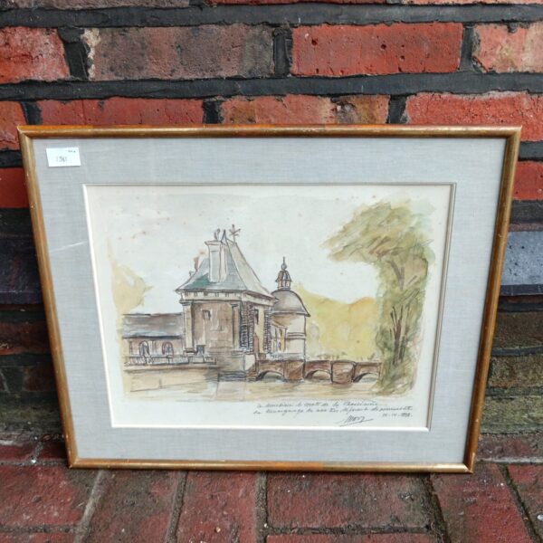 Signed 1958 watercolour painting of an architectural landscape building.