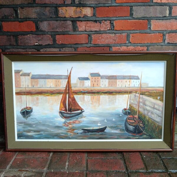 Vintage T Connolly oil painting of sailing boats in a harbour.