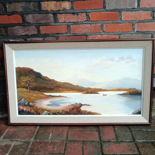 Vintage T Connolly oil painting of a tranquil Irish coastal landscape.