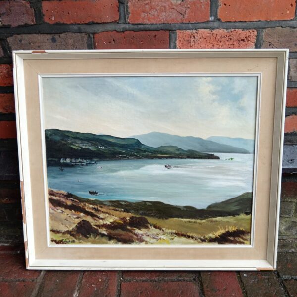 Signed C Hackett coastal oil painting with boats on the water.