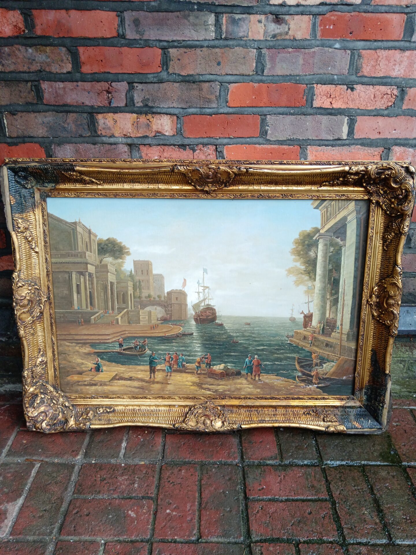 010 Large gilt framed oil painting of a Mediterranean harbour scene