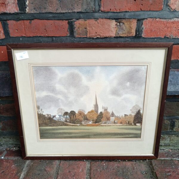Lyndon Howells watercolour painting of a rural city with cathedral.