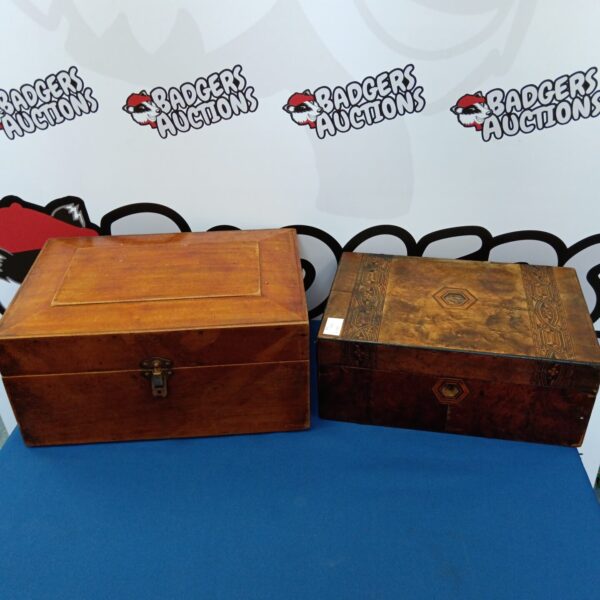 Antique writing slopes and tool box in unrestored condition.