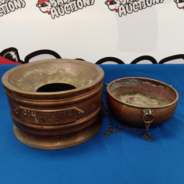 Vintage copper ashtray and hanging planter with chain.