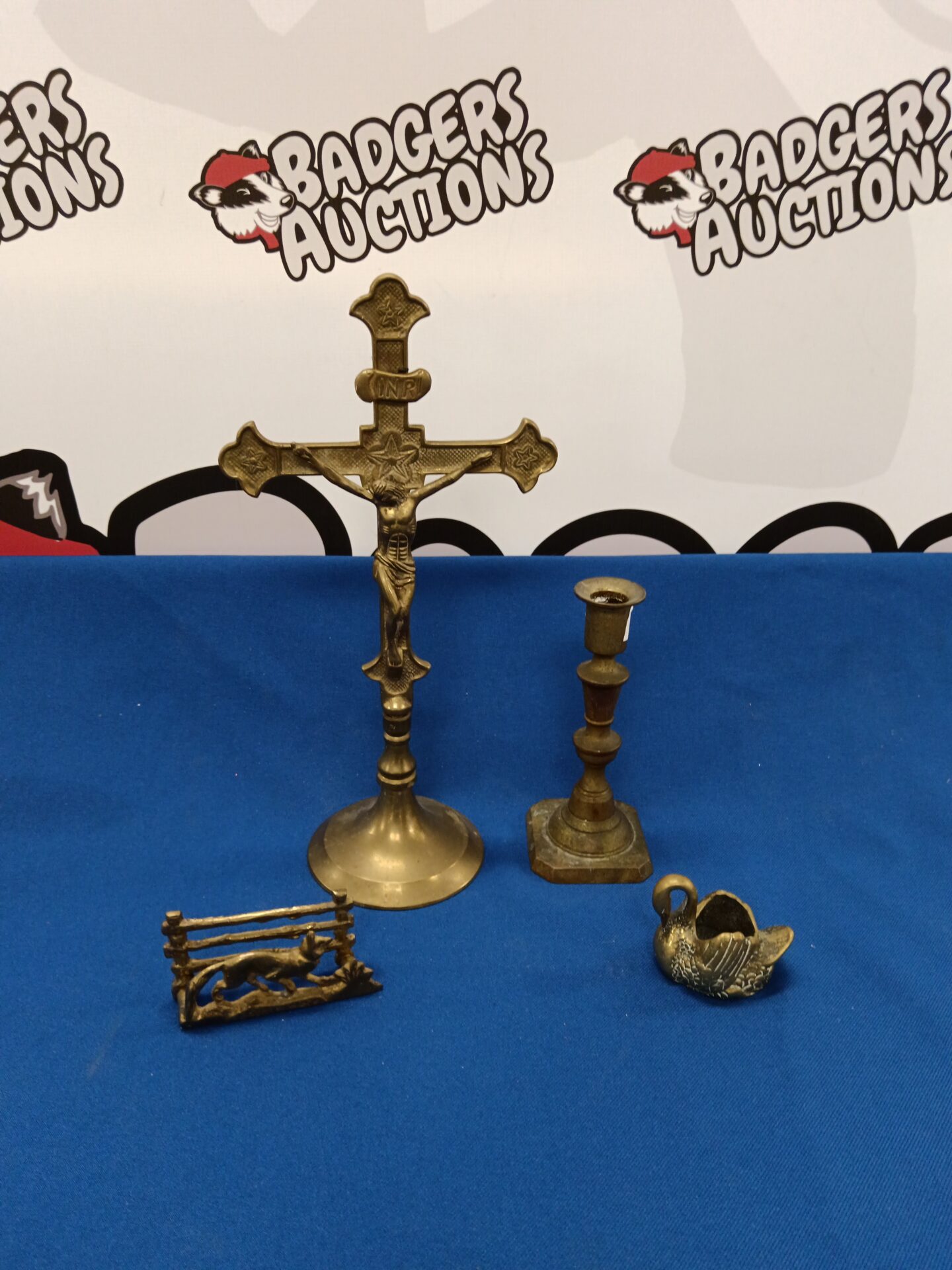 021 Selection of brass ware including crucifix