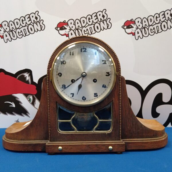Vintage Kienzle German mantel clock from 1932 with oak case.