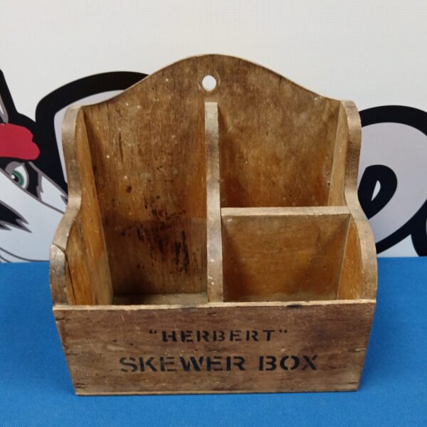 Vintage wooden Herbert skewer box with dividers.
