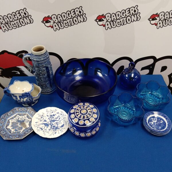 Vintage blue and white china and glassware collection for collectors.