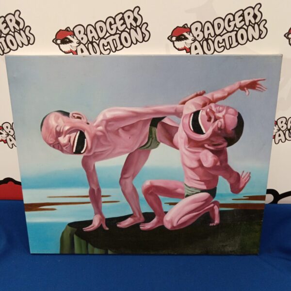 Original surrealist oil painting of two laughing figures.